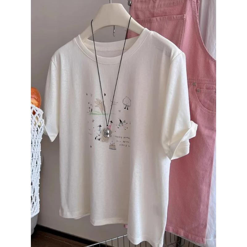 

Cute Cartoon Print Oversized T-Shirt for Women Soft Modal Short Sleeve Casual Summer Top M белый