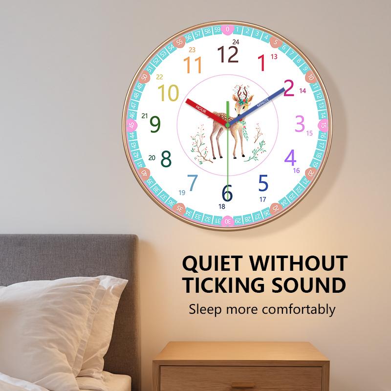 Stille Kinder Lern-Wanduhr Selbstdisziplin 24H & Minutenmarkierungen Niedliches Hirsch-Design Leicht lesbar für Kleinkinder Klassenzimmer