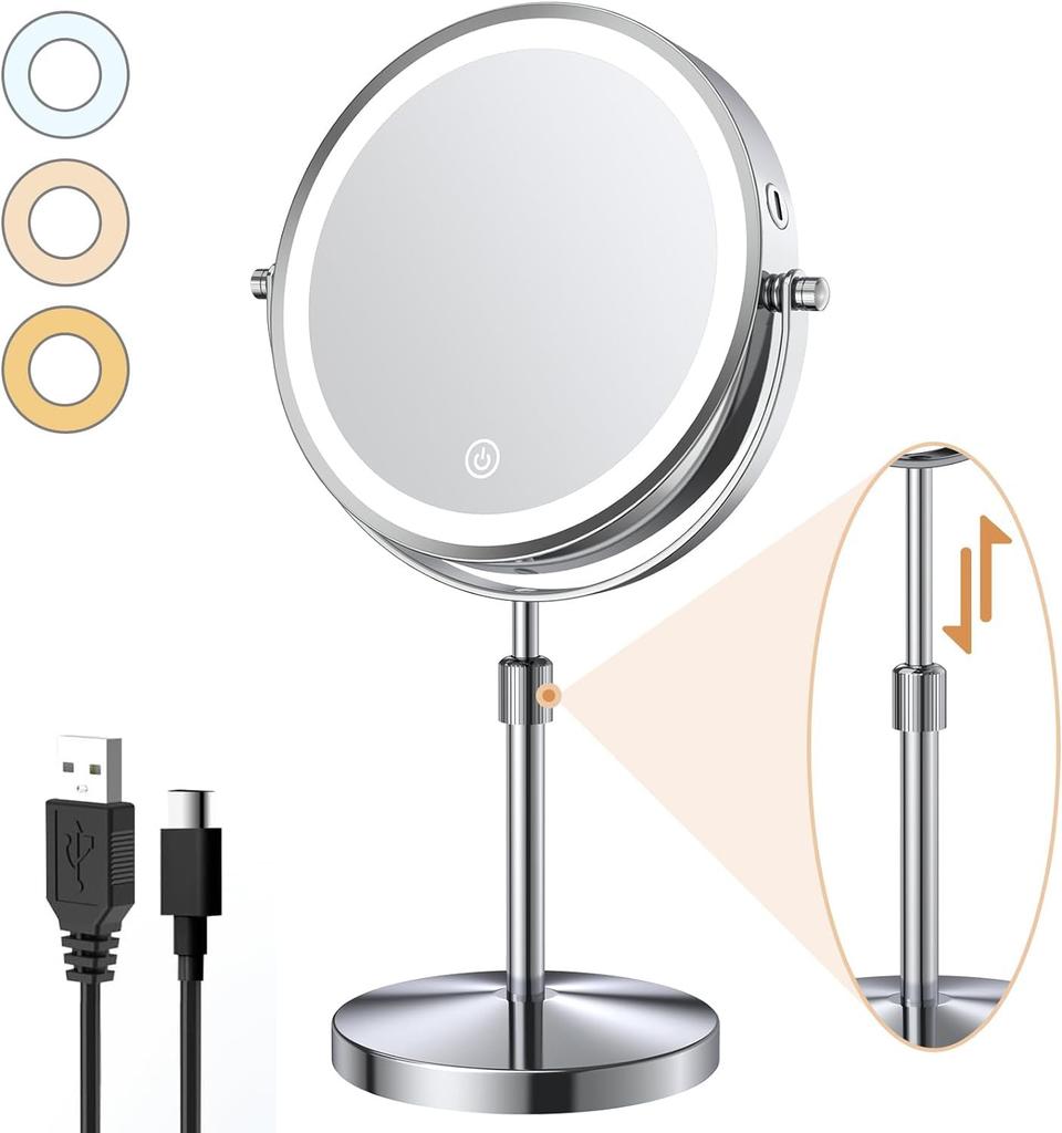 ARREBOL Magnifying Height Tabletop USB 10x Makeup Mirror with LED Stand 10x and 1x Magnification 3 Brightness Stepless Popular Day Gift Wide X 38cm