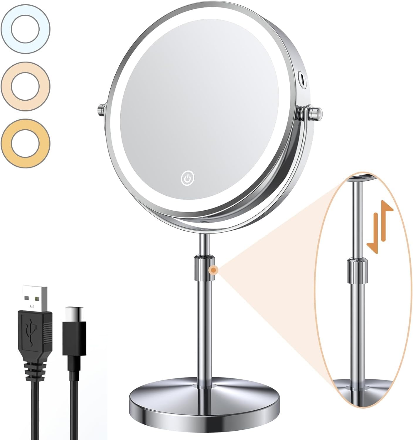 

ARREBOL Magnifying Height Tabletop USB 10x Makeup Mirror with LED Stand 10x and 1x Magnification 3 Brightness Stepless Popular Day Gift Wide x 38cm