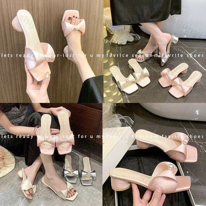 Fashion 2025 Summer New Style Bow Designed Elegant Slippers Women's Thick Heels Oped Toes Outdoor Beach Comfortable Lightweight Sandals