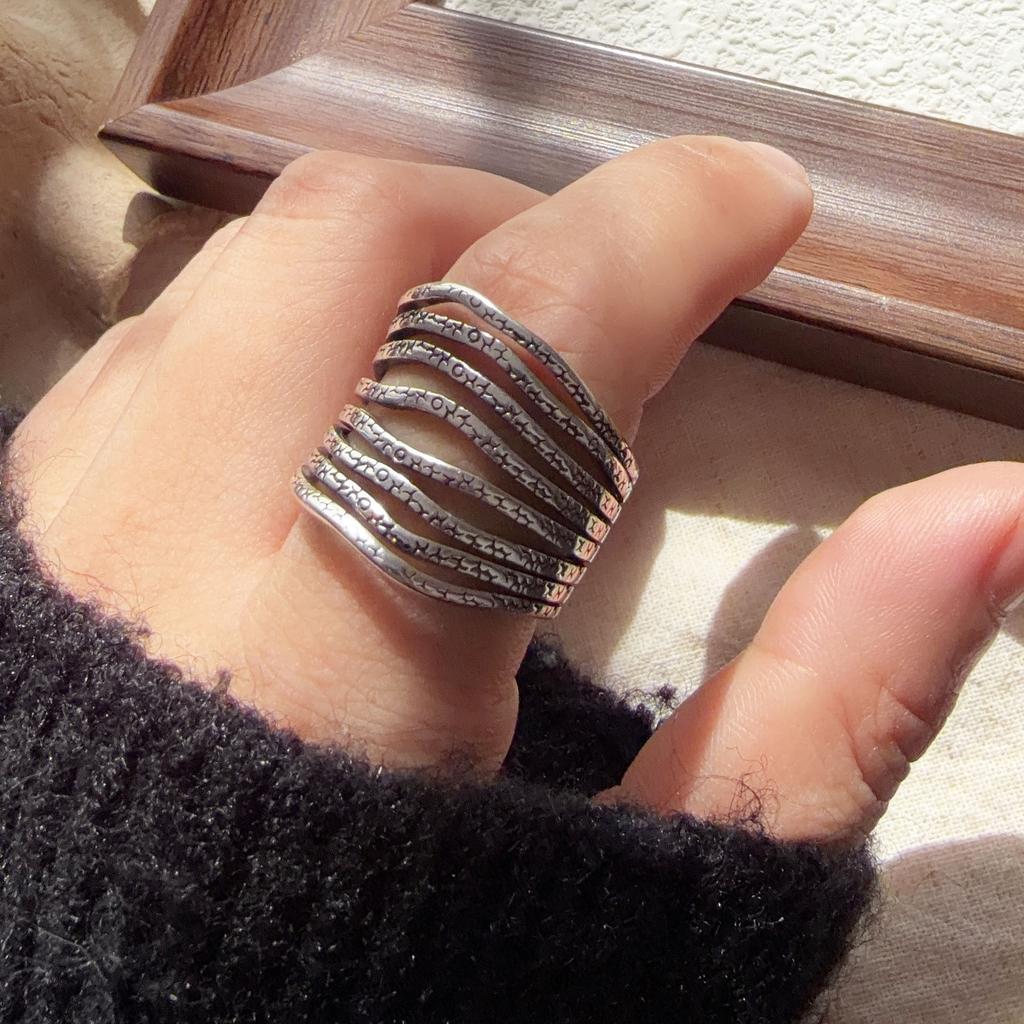 925 Sterling Silver Rings For Women Geometric Fine Jewelry Finger Adjustable Wide Interlines Ring For Party Birthday Gift