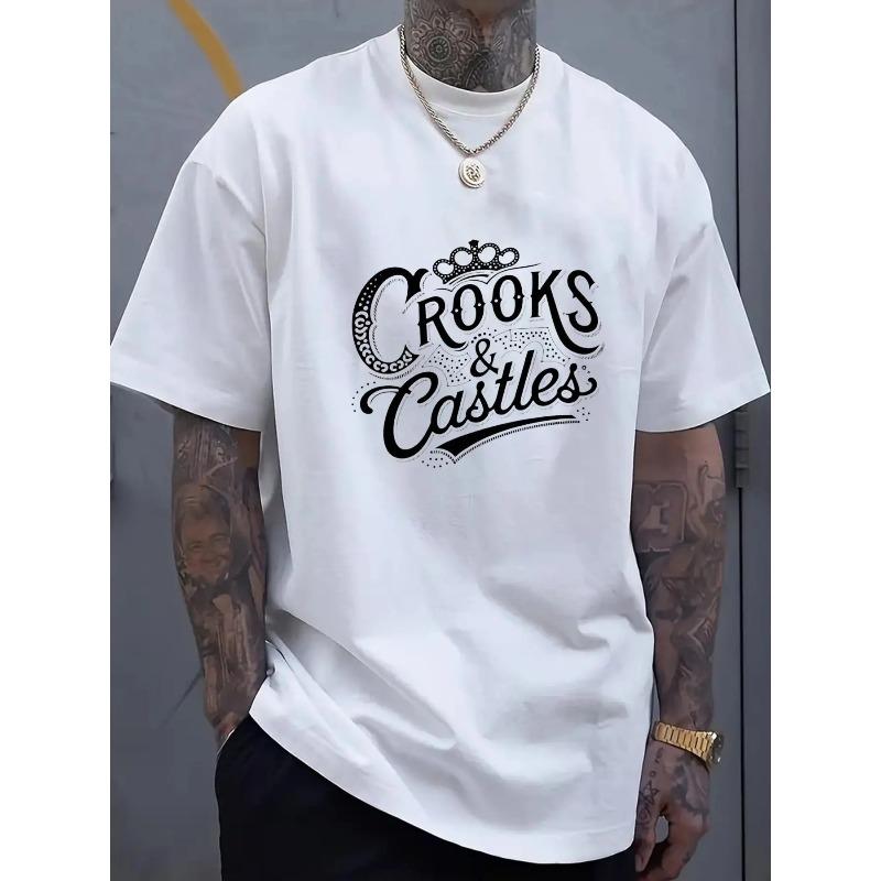 European sizes Men'S Black Bold White Lettering & Emblem Graphic T-Shirt - Streetwear Casual Loose Fit Short Sleeve Round Neck Tee