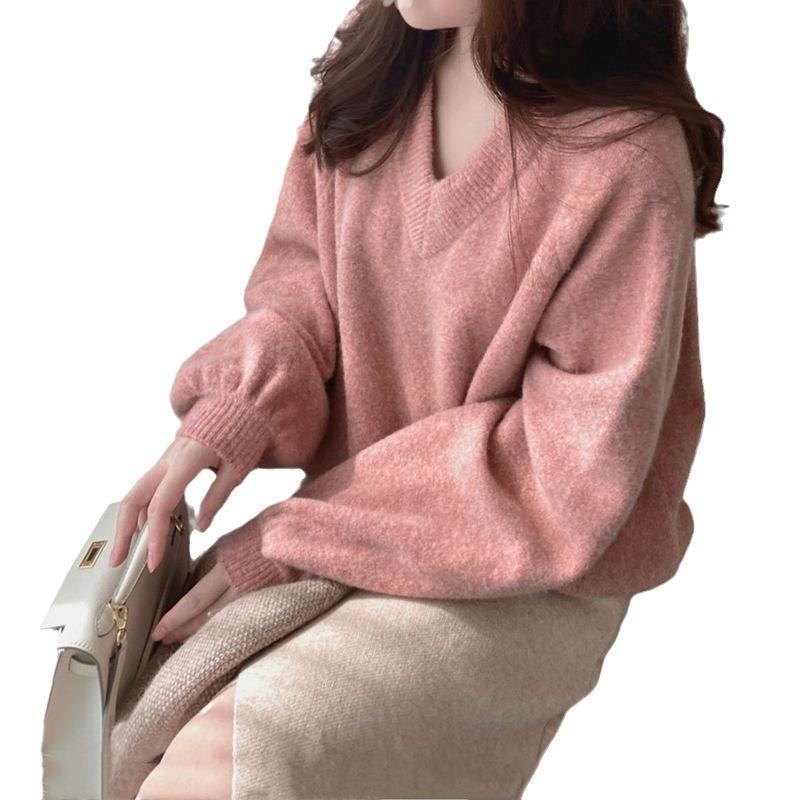 Autumn and winter new gentle wind solid color versatile knitted sweater backing top women's loose and thin pullover sweater with trendy inside