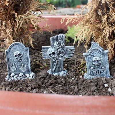 Conjunto de 3 peças de artesanato em resina de lápide, estátuas decorativas aterrorizantes para jardins de pátio, estátuas decorativas de Halloween, bonsai