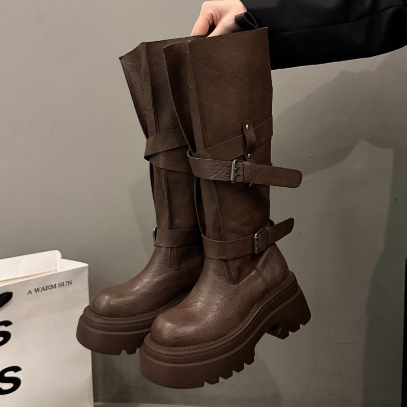2025 autumn and winter new Maillard retro Martin boots women's versatile thick-soled stacking boots round head tall thin boots
