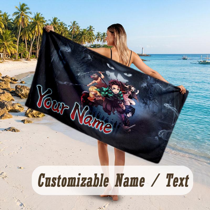 Custom Name Large Beach Towel,Demon Slayer Quick Absorbent Towel For Outdoor Travel Poolside