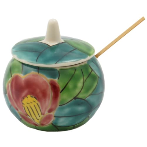 

Kyoyaki/Kiyomizu-yaki hand-painted salt container, camellia design, TG-012D