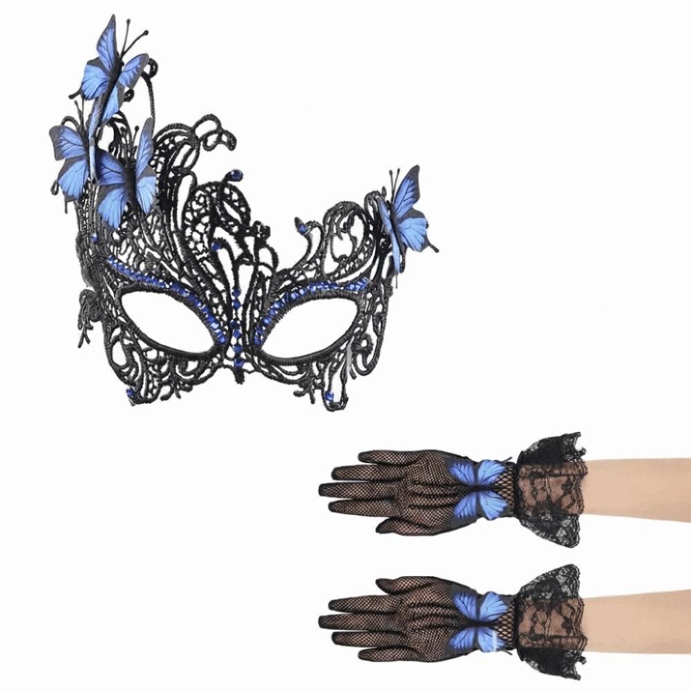 Lace Rhinestone Butterfly Prom Mask+ Gloves Sexy Vintage Half Face Mask Set Elegant Halloween Lace Masquerade Masks