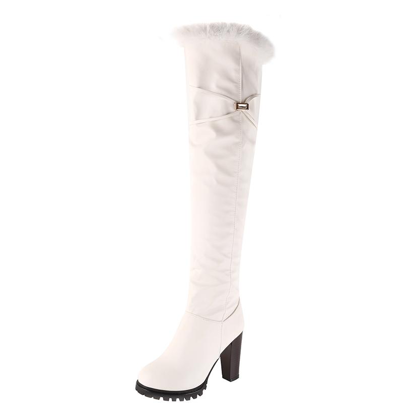 

2025 Большой размер Фланцевые Меховые Лоскутные ПУ Круглый носок Толстый каблук Зимние Длинные Сапоги Боковая молния Тепло Внутри Сапоги выше колена 41 белый