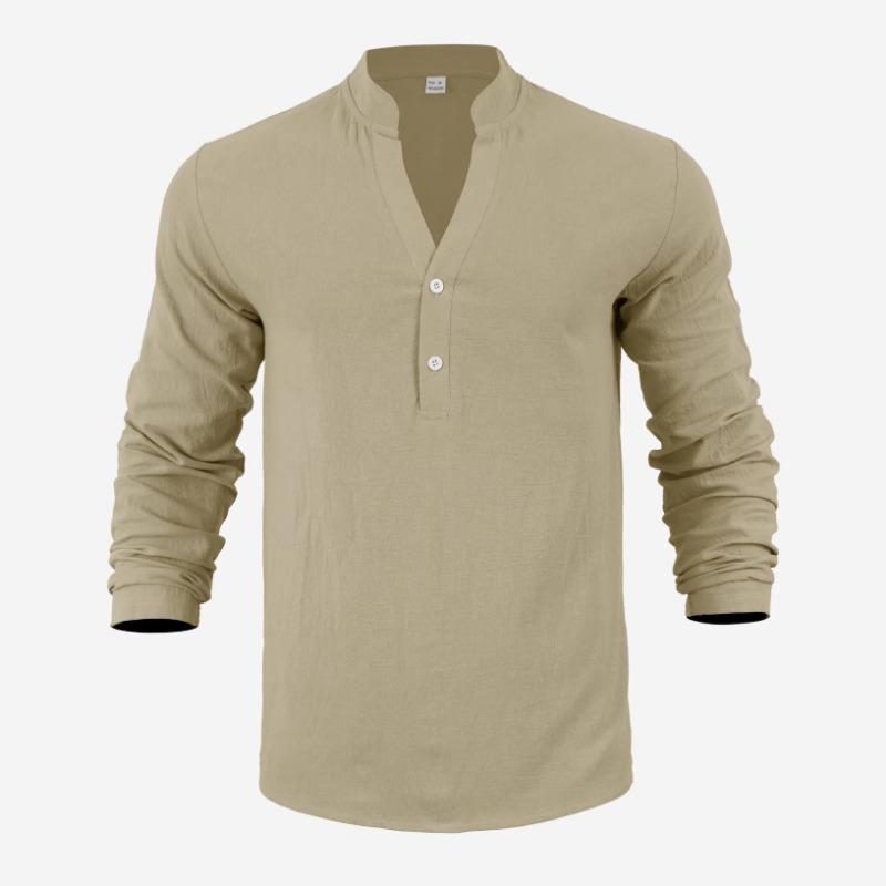 Men S Linen Blend Solid Color Long Sleeve Stand Collar Casual Shirt