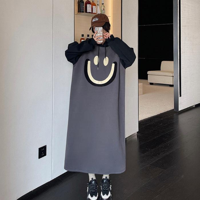 

YYFS Женская мода Осень Зима Длинный рукав С капюшоном Свободная талия Повседневные платья XL темно-серого