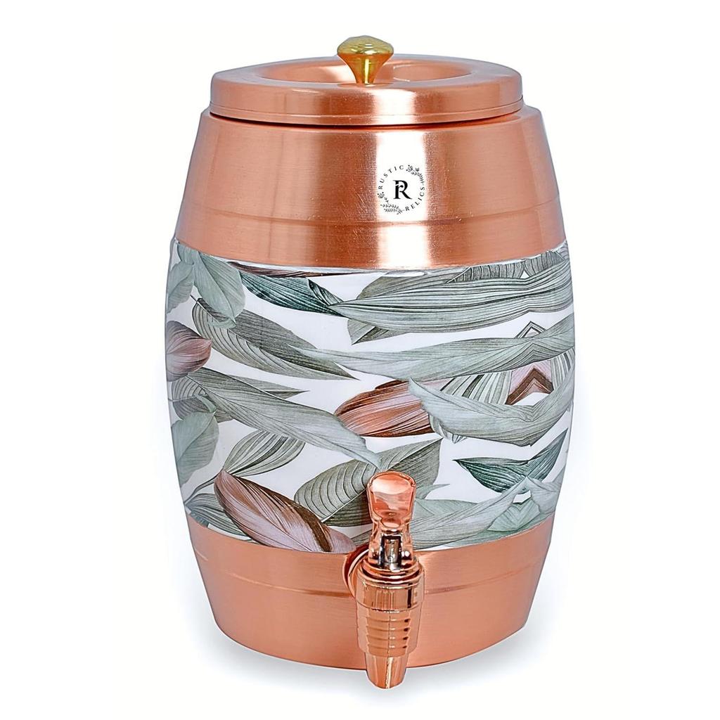 Pure Copper Water Matka - 5L | with Beautiful  Print | Copper Water Storage Dispenser with Ayurvedic Health Beneifts | for Home and Offices Purpose
