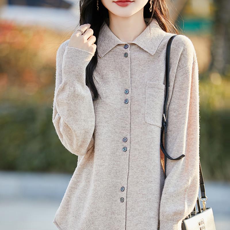 Women's 100% Pure Wool Polo Neck Knit Cardigan - Autumn/Winter Korean Style, Loose, Slimming, Buttoned Sweater