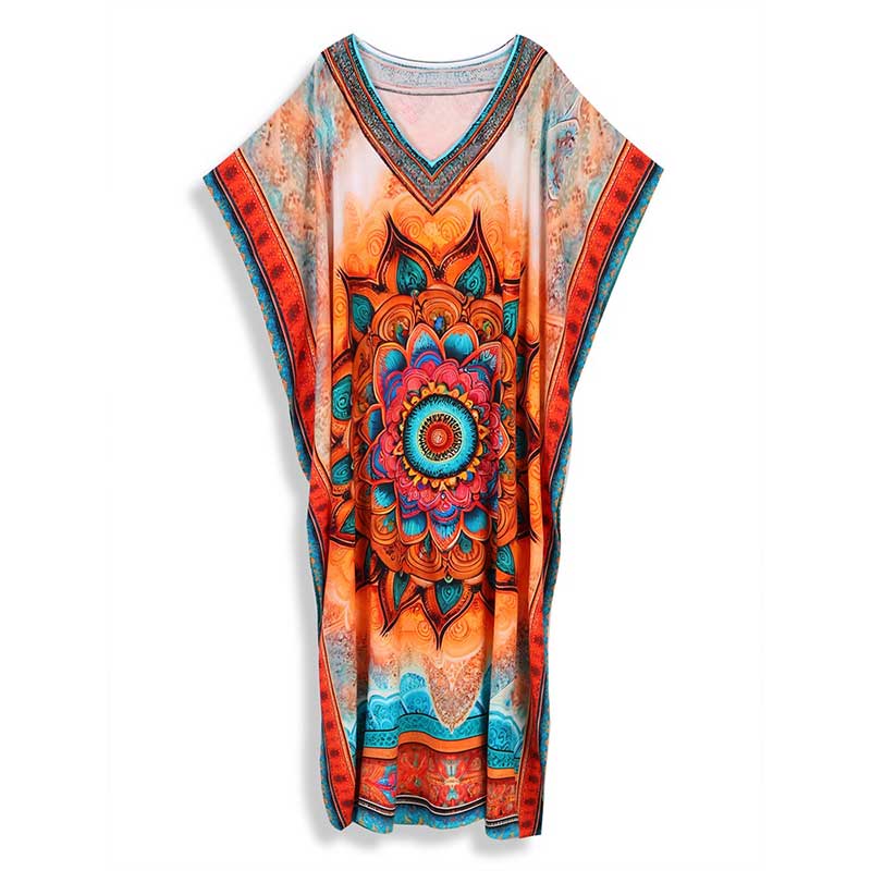 EDOLYNSA Ležérní boho tištěný výstřih do V, volné kaftanové šaty, plus velikost, 2024, dámské letní plážové oblečení, plavky, zakrýt volný župan Q1594