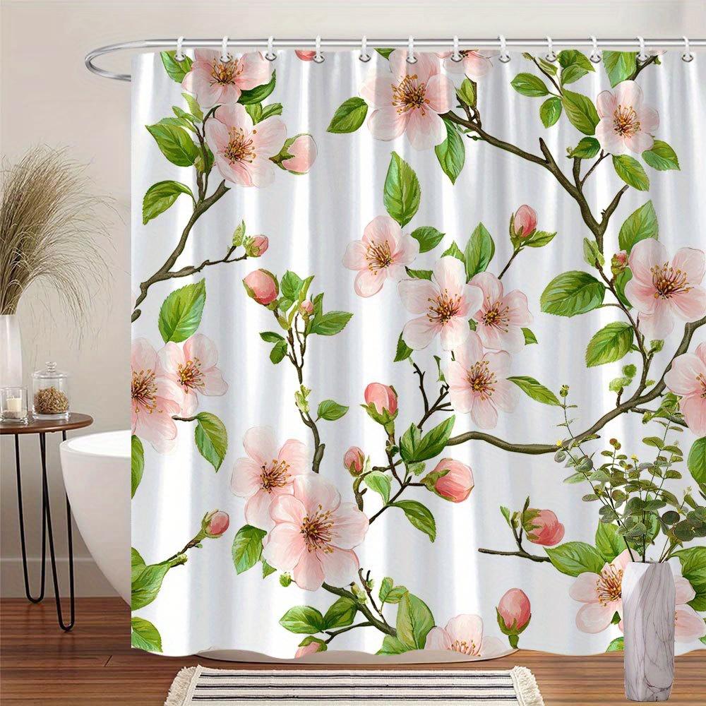 

Cherry Blossom Curtain - Soft Pastel Pink Flowers, Yellow Centers, Green Leaves, Polyester, 70In, 12 Hooks, Machine Washable W90XH180cm