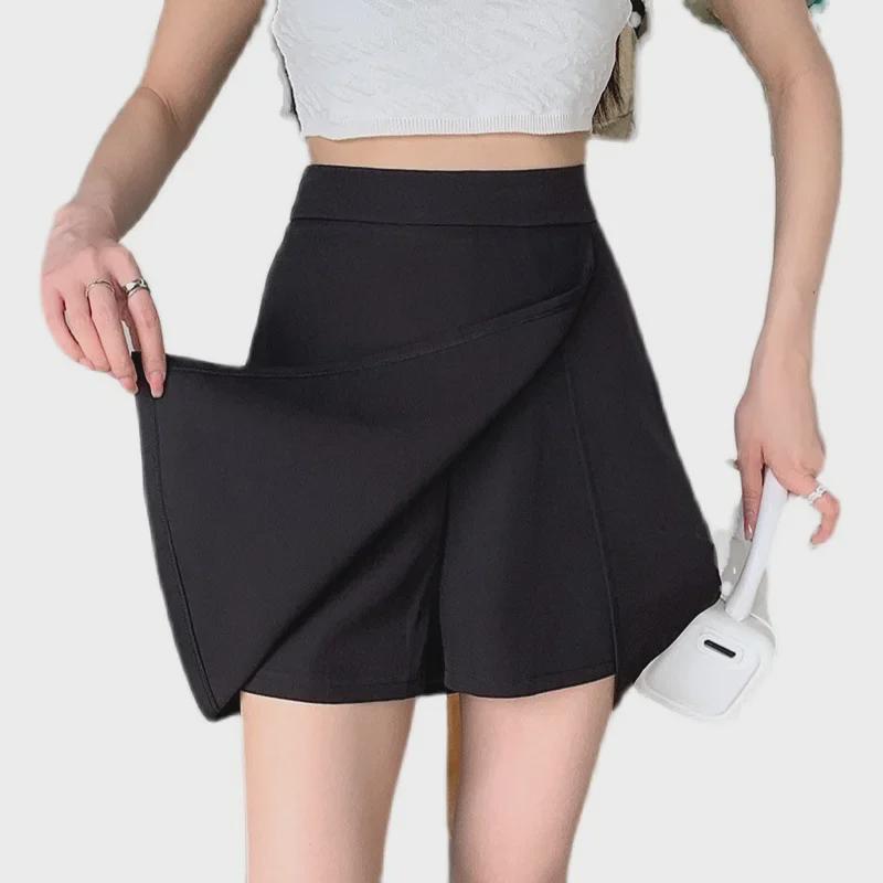 2024 Women's Black A-Line Slim High-Waist Skirt-Pants with Irregular Slit (Plus Size)
