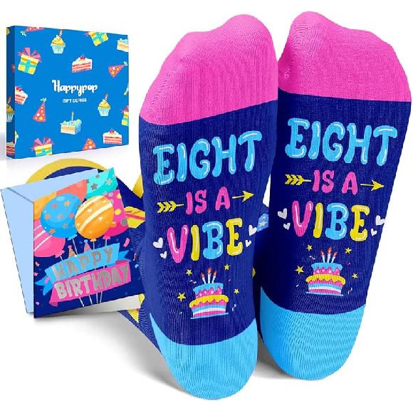 HAPPYPOP Birthday Gift Ideas - Socks with Greeting Card for Kids Girls Boys Age 5-10 Eight is a Vibe Dark Blue