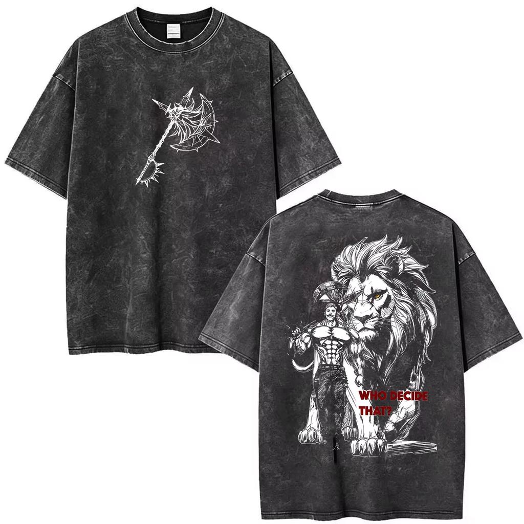 2026 Hot Anime The Seven Deadly Sins Escanor Vintage Washed Graphic T-Shirt Men Women Hip Hop Punk Clothing Streetwear Oversized Tshirt