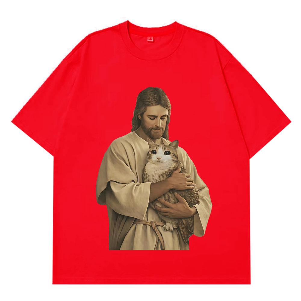 Funny Jesus Holding Meowl Funny Cat Meme Tees Unisex Women Vintage TShirt Shortsleeved Loose Cotton Harajuku Tshirts Streetwear