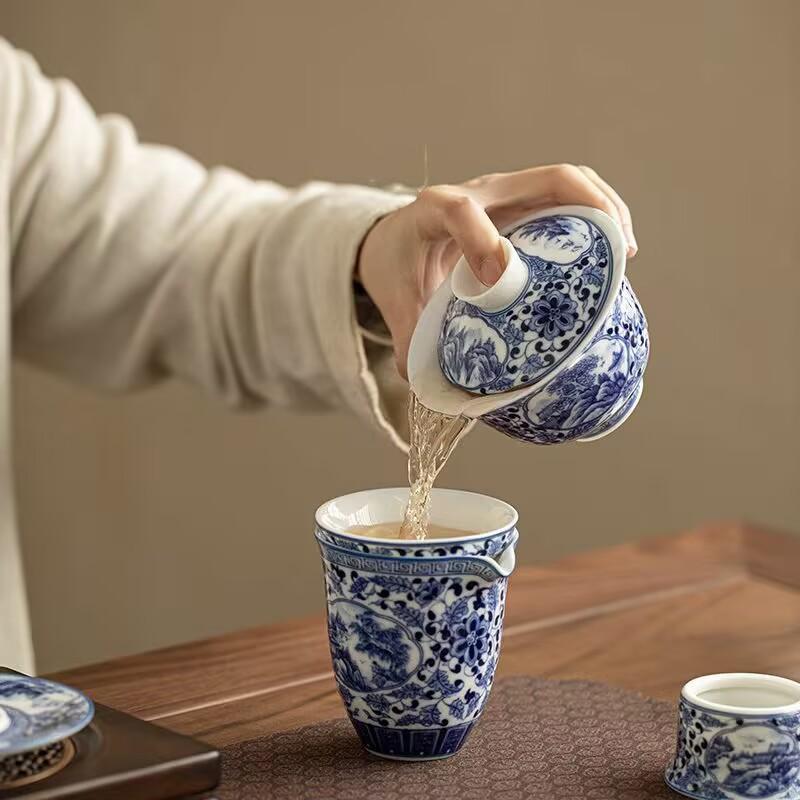 Suet Jade Porcelain Entangled Lotus Landscape Sancai Cover Bowl Household Ceramic Tea Bowl Teacup Complete Set Kung Fu Tea Set