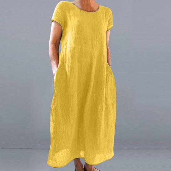 Damenkleid, locker sitzend, Rundhalsausschnitt, einfarbig, kurze Ärmel, maschinenwaschbar, dekoratives Rundhalskleid aus Baumwollflachs