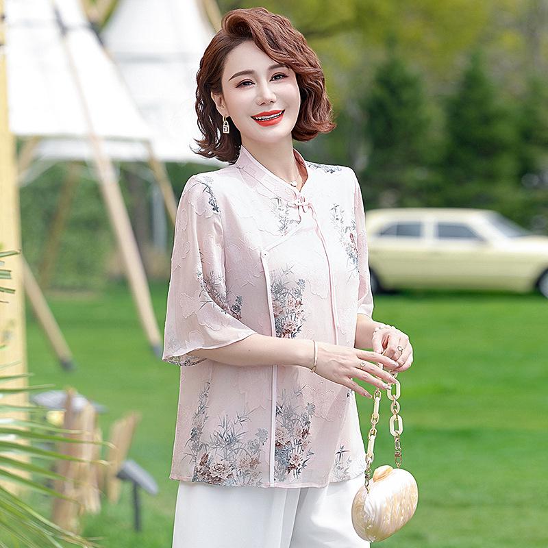 Elegant Chinese-Style Chiffon Blouse for Middle-Aged and Elderly Women - Summer Fashion