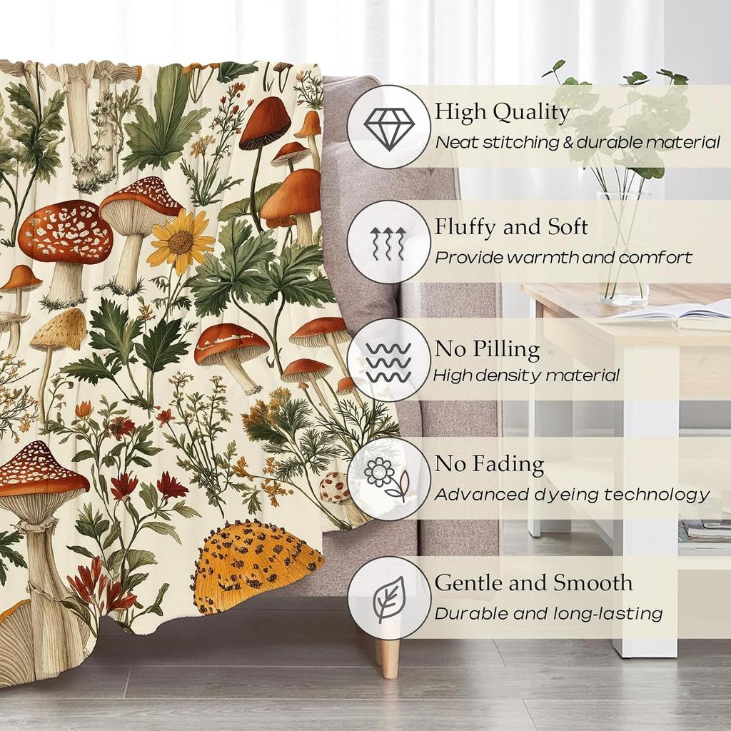 Vintage Botanical Art Red Amanita Mushroom Herb Flower Print Flannel Blanket Light Warm Throw for Couch Travel Balcony Home