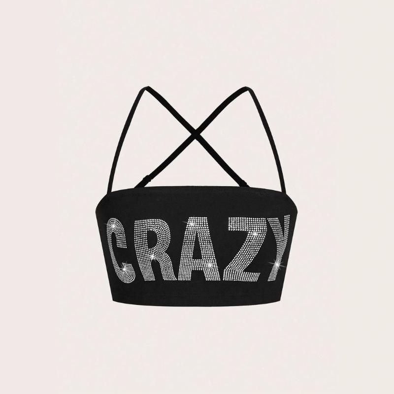 

Европейский и американский летний сексуальный маленький топ на бретельках с буквенным принтом, горячими стразами, ультракороткий, персонализированный, уличный, с открытой спиной чёрный