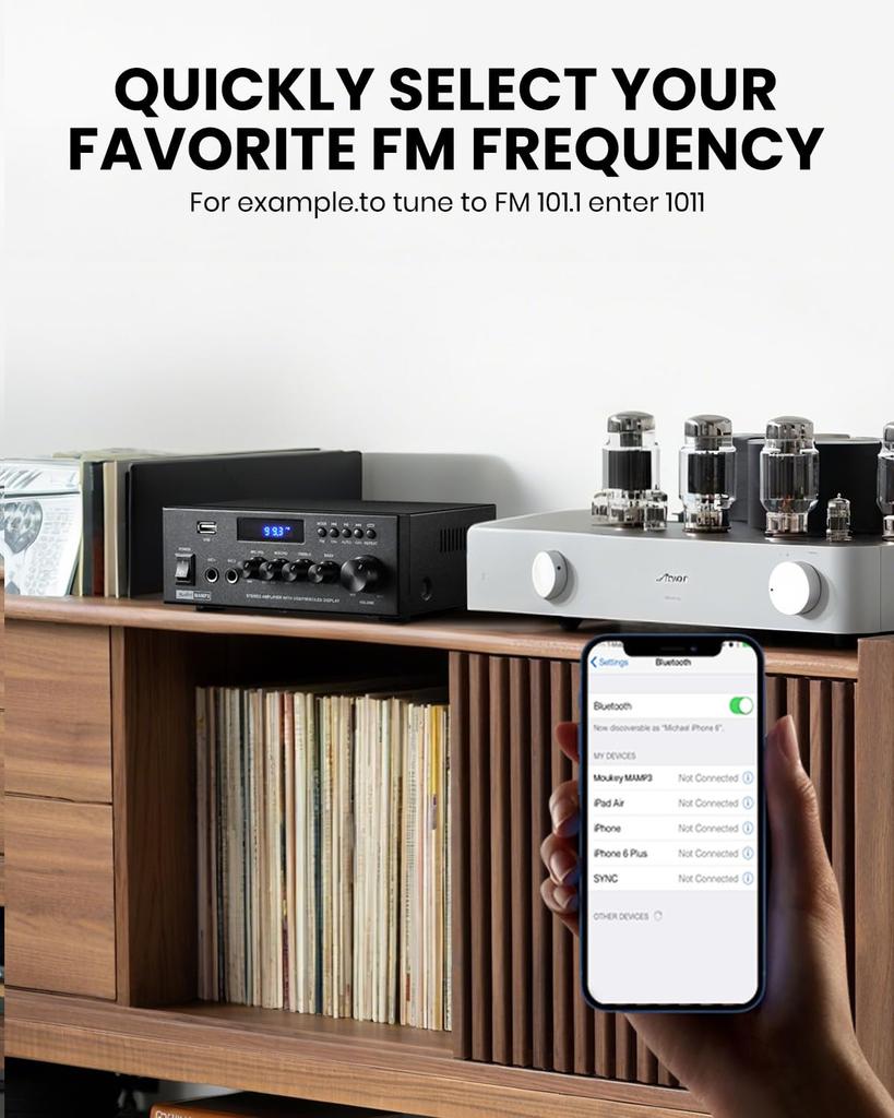 Moukey Amplifier Home Bluetooth Through Stereo Fully Functional Remote 2 Microphone 300W Peak MAMP3 Audio, 5.3 2.0 Receiver, Control, FM, RCA, USB,