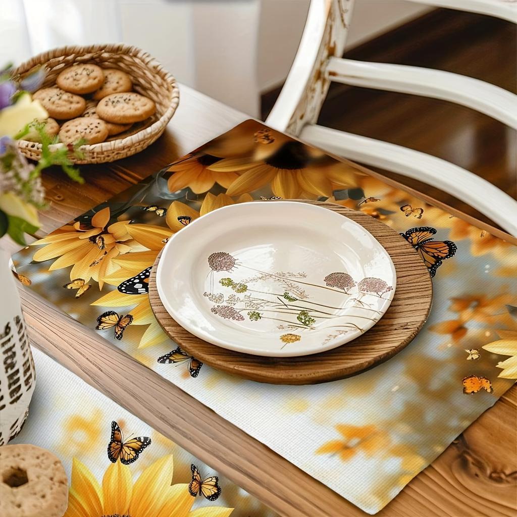 4er Set Sonnenblumen- und Schmetterlingsmuster Tischsets 12x18 Zoll, Geeignet für Küchen- und Esszimmerdekoration, Heimdekoration, Dekoration für den Familientisch, Party