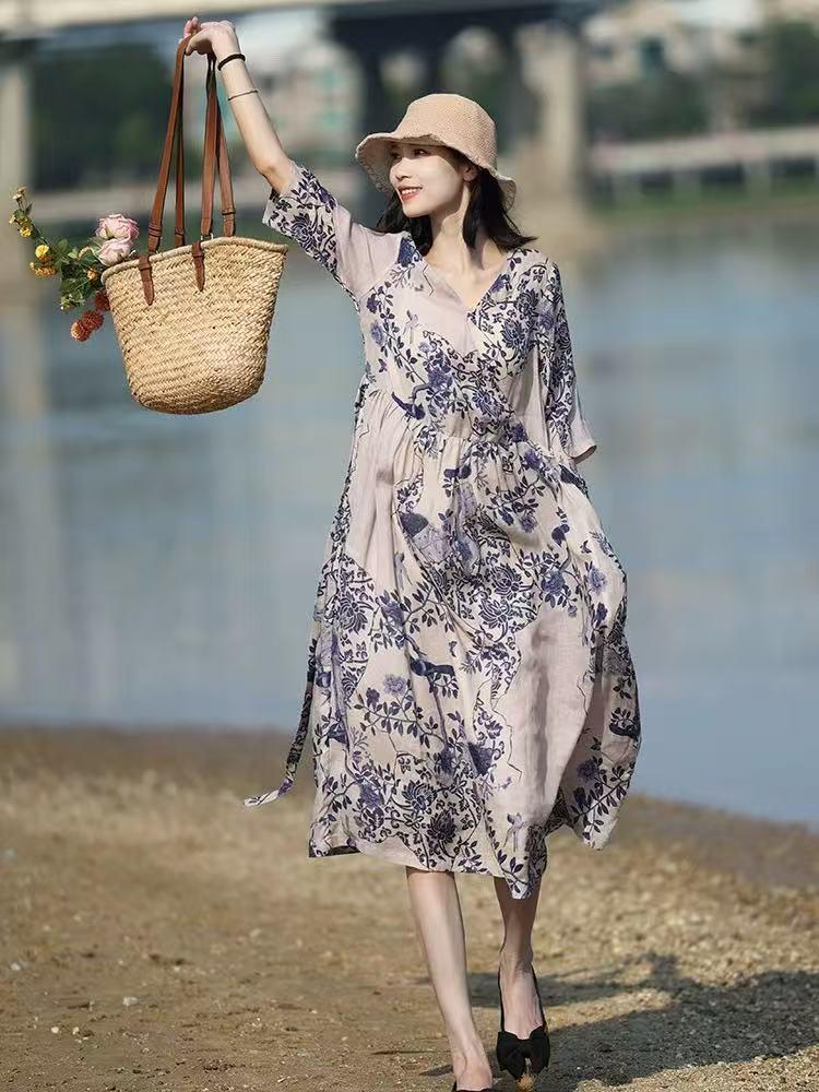 

2025 весна и лето новое платье из хлопка и льна с принтом в стиле легкой роскоши женское свободное ретро с V-образным вырезом рукав пять четвертей длина до колена 2XL