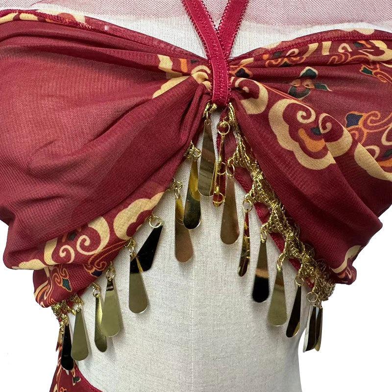 Han and Tang exotic dancer belly pocket uniform Dunhuang pure desire erotic underwear free side open Hanfu erotic suit