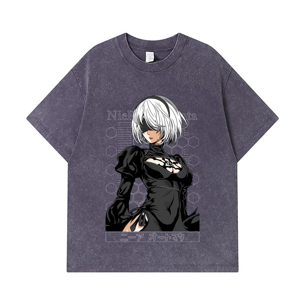 275 GSM Washed T-shirts 100% Cotton NieR Automata V2 2B Print Unisex Heavy Cotton T Shirt