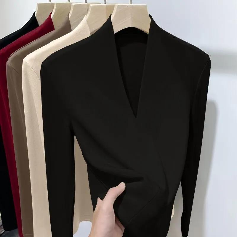 

Женские осенне-зимние однотонные футболки с V-образным вырезом и плюшевой подкладкой, с длинным рукавом, облегающие пуловеры, нижняя рубашка M