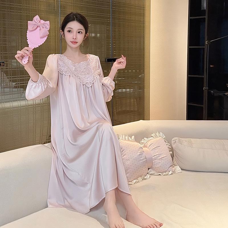 2026 Ice Silk Long Sleeve Nightgown for Women - Plus Size, Sexy French Style