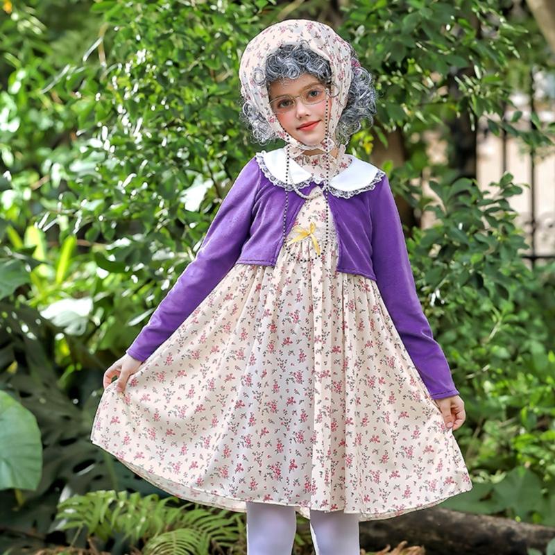 100 Day of School Cosplay Costume Set Kids Old Lady Costume Accessories Faux Pearls Necklace Glasses Crutch Floral Dress