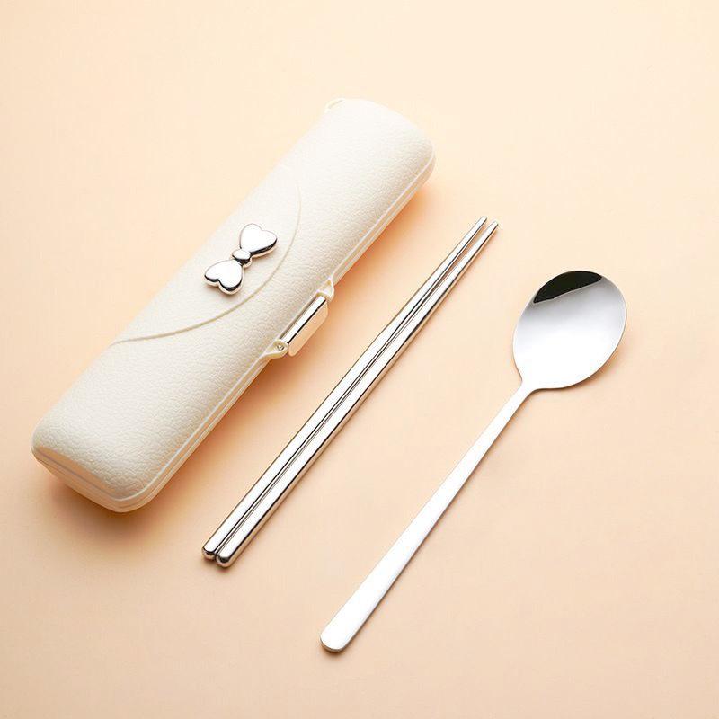 304 Stainless Steel Portable Cutlery Set: Leather Grain Bowknot Box with Korean Style Spoon, Fork, and Chopsticks. 304 Stainless Steel