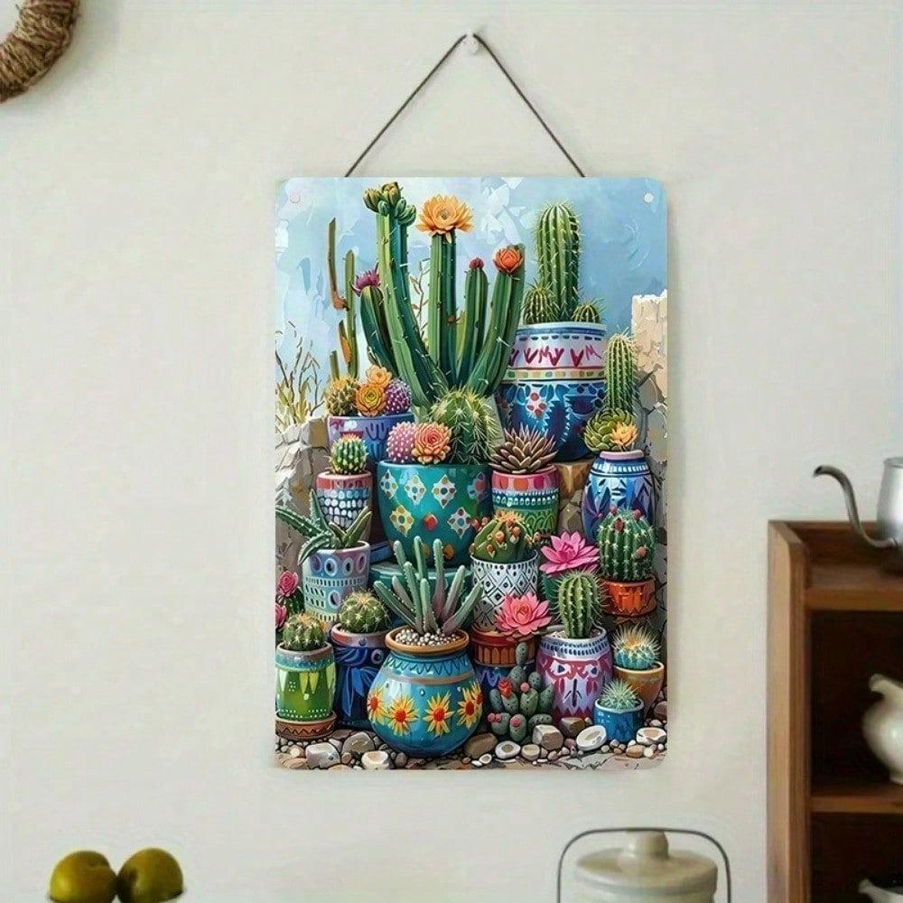 1PC Colorful Cactus Tin Sign, 2D Flat Succulent Metal Plaque, Desert Nature Wall Art, Farmhouse Garden Decor