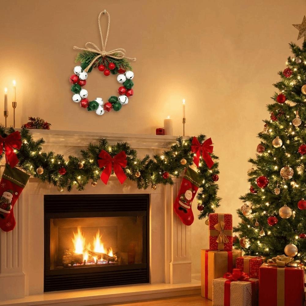 Iron Christmas Bell Wreath Ornament Vintage Soft Clear Sound Colorful Bell Wreaths with Bow Exquisite Wall Hanging Ornament