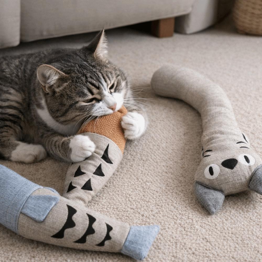 Cute Stuffed Simulation Fish Cat Toy Soft Cat Shape Pet Squeaky Toy with Bell Bite Resistant Interactive Chew Toy Training Aid