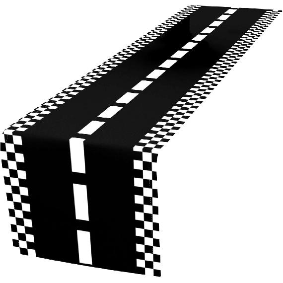 Black and White Checkered Road Table Runner, Race Car Theme Party Decorations for Boys Kids Birthday, 72x13 Inch Long Race Track Table Runner