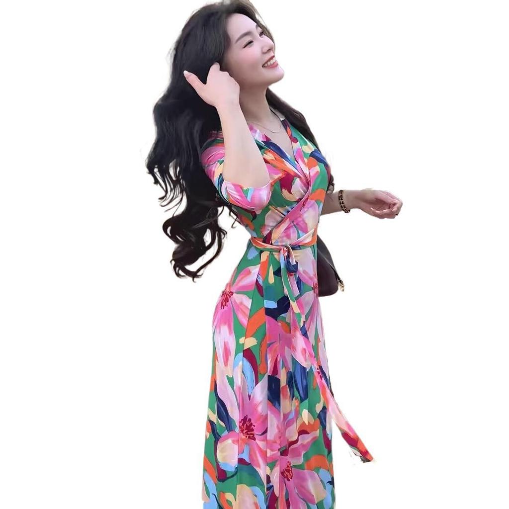 Spring and Summer Retro Style Printing Wrap Skirt Waist Strap One Piece V Neck Dress Slim Fit Hip Wrap Dress