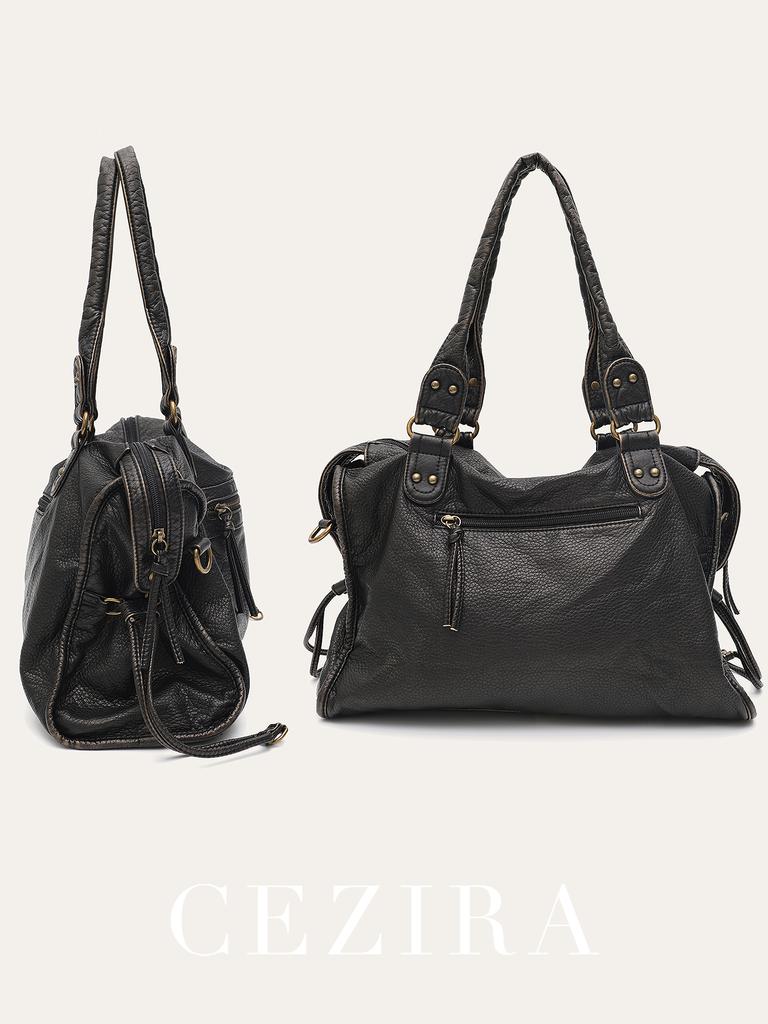 Vintage Washed PU Leather Large Capacity Tote Zip Pockets Braid Decor Shoulder Cross body Bag Unisex Women Daily Travel Handbag