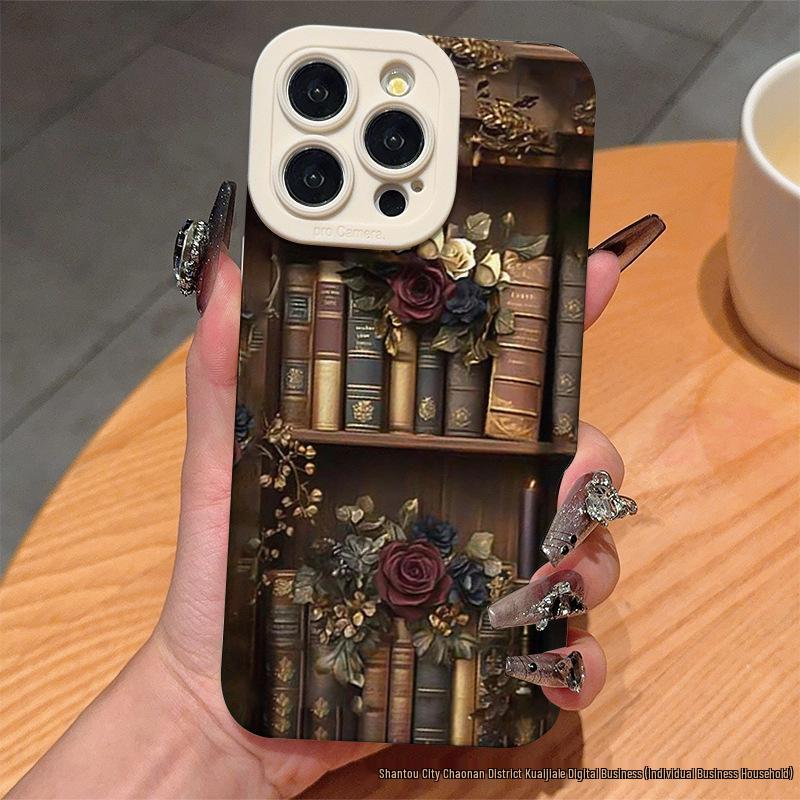 Retro Półka na Książki Artystyczne Etui na iPhone'a: Kompatybilne z iPhone 13 Pro Max, 12, 11, 14, 15, 16 - Miękkie etui