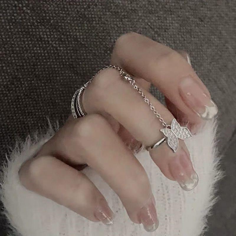 Tassel Butterfly Chain Rings For Women Girls Shiny  Zircon Multi-Layer Open Rings Set Punk  Jewelry