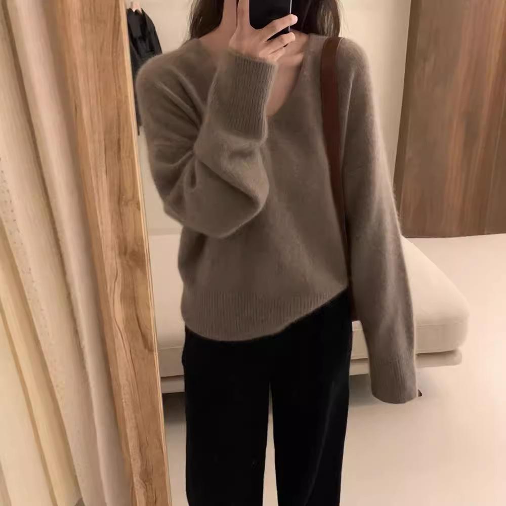 V-neck Knitted Sweater for Women Thick Autumn and Winter Loose and Fashionable Sweater Casual Long-sleeved Pullover