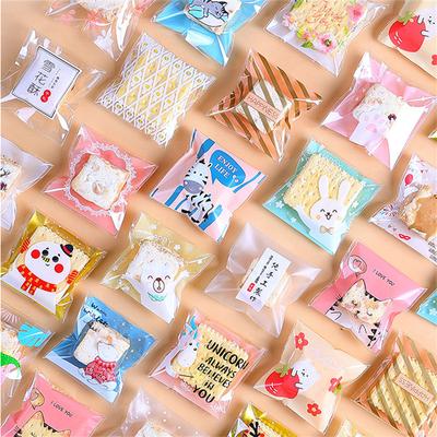 100 Stuks 7x7+3cm Kleine Plastic Cartoon Zelfklevende Bakkerij Verpakking Koekje Snack Snoep Zakjes Kerstfeest Cadeau