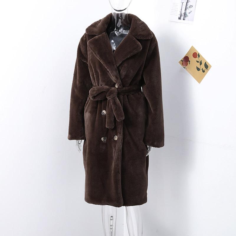 Dámský podzimní zimní zahuštěný dlouhý kabát z norkového sametu, luxusní bunda z imitace králičí kožešiny s páskem, klopami, trenčkot