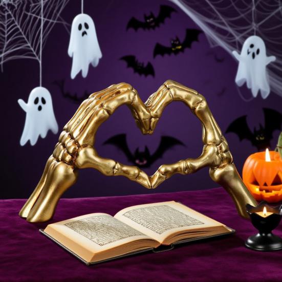 Skeleton Hands Heart Sculpture Gothic Love Gesture Statue Resin Heart Shape Skeleton Finger Gesture Figurine for Halloween Home Decor Gift